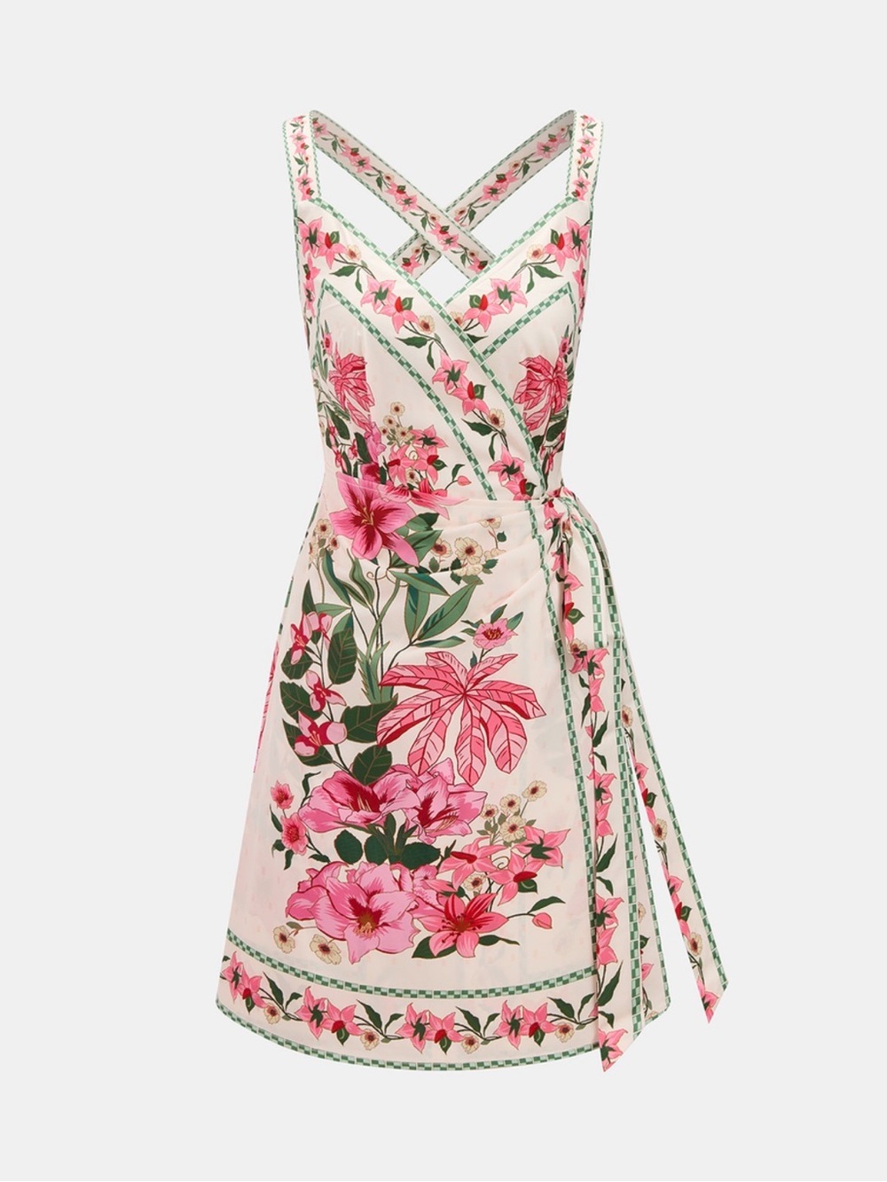 Commense Pink Floral One-Shoulder Wrap Dress with Crossed Straps